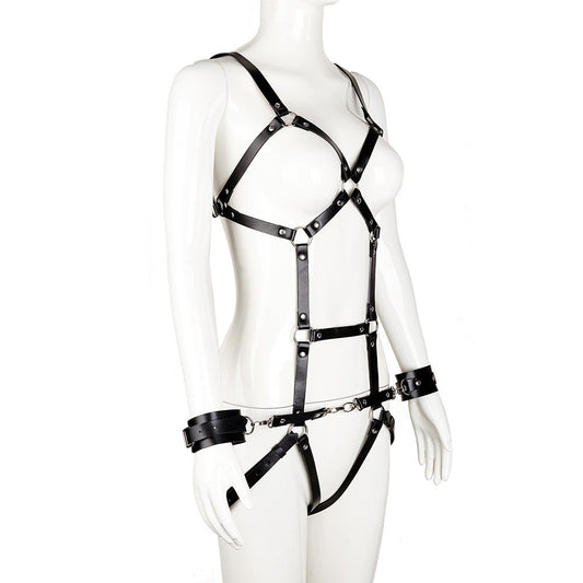 Body harness with straps for thighs and handcuffs