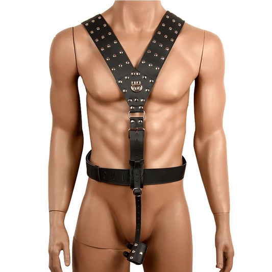 Harness with strap around the waist and strap down to the package