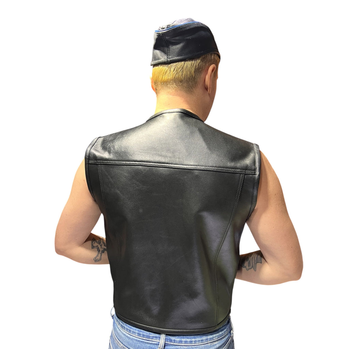 Mens bar vest i äkta läder, svart med quiltad framsida en skinnväst för herr