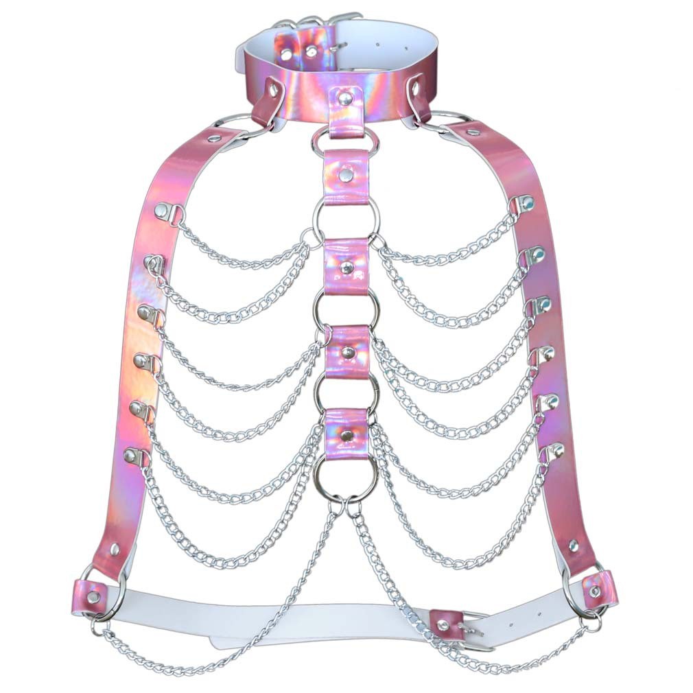 Harness i holographic med kedjor i silver, blått, guld eller rosa