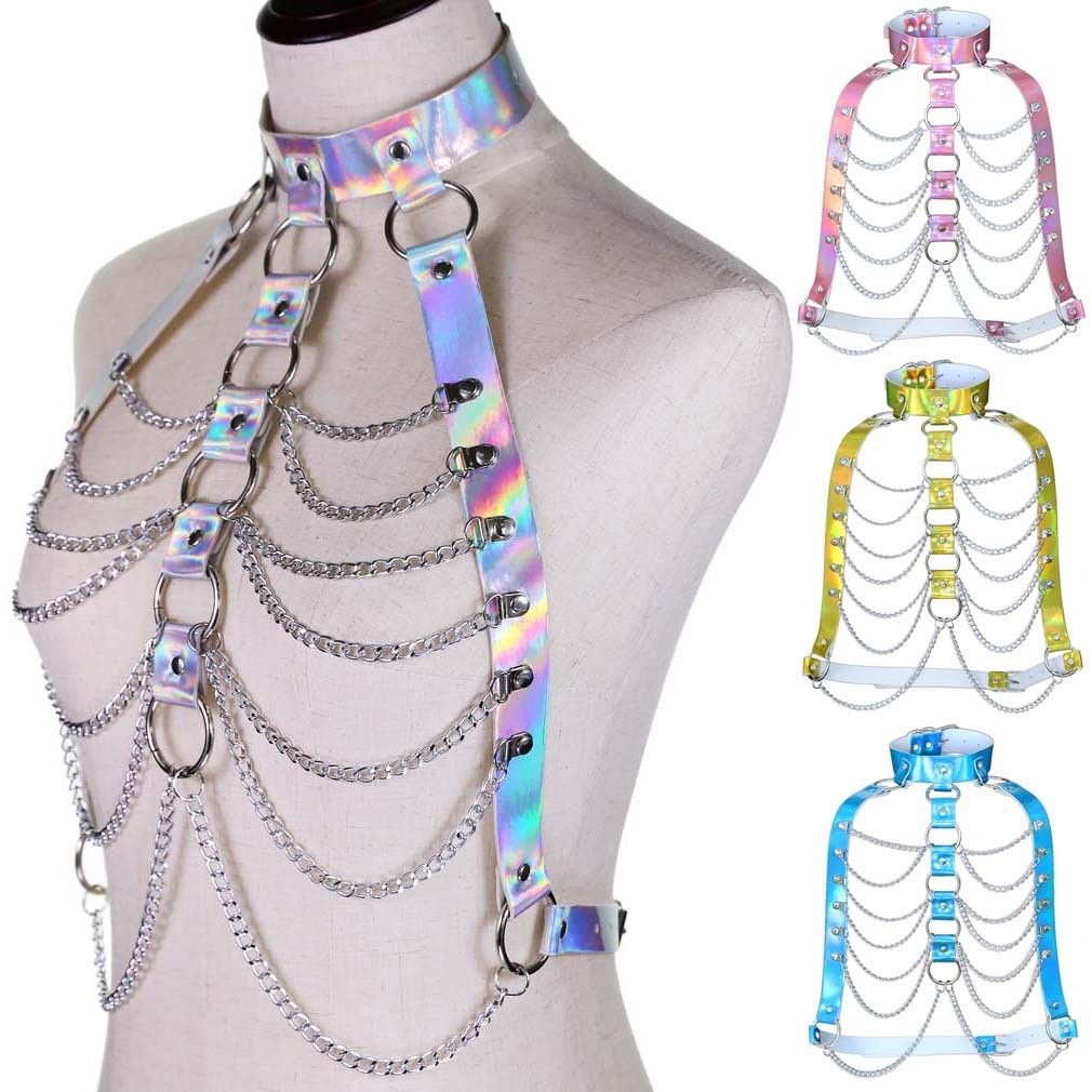Harness i holographic med kedjor i silver, blått, guld eller rosa