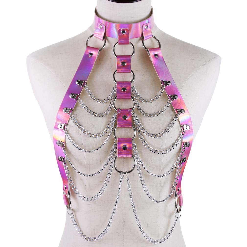 Harness i holographic med kedjor i silver, blått, guld eller rosa