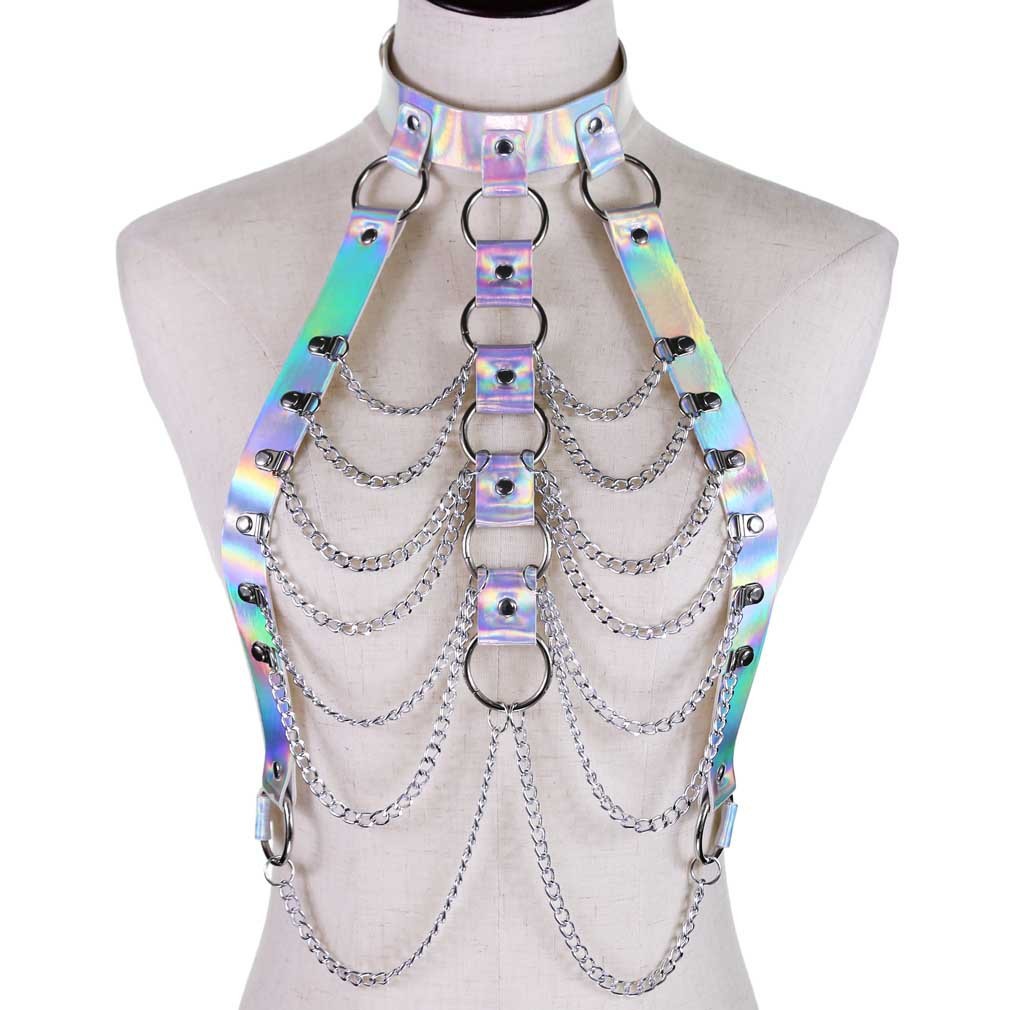 Harness i holographic med kedjor i silver, blått, guld eller rosa