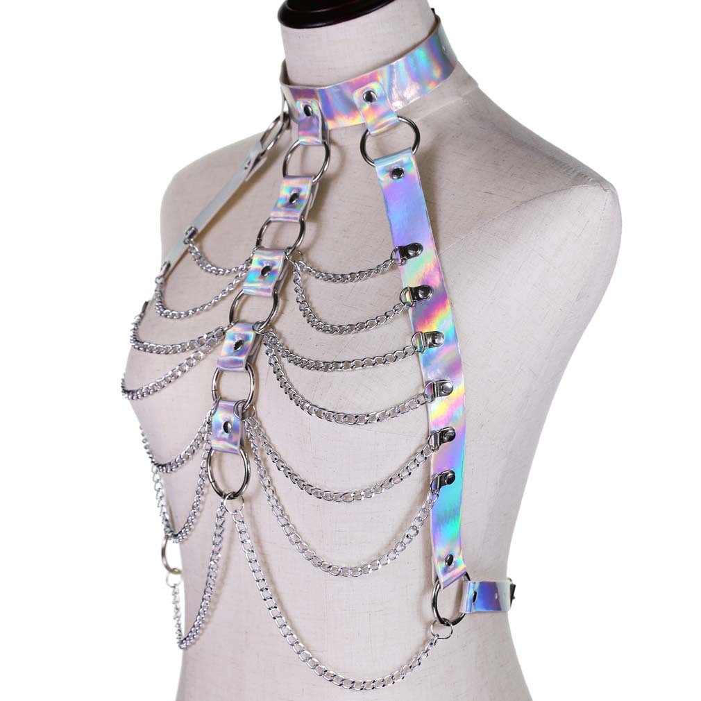 Harness i holographic med kedjor i silver, blått, guld eller rosa