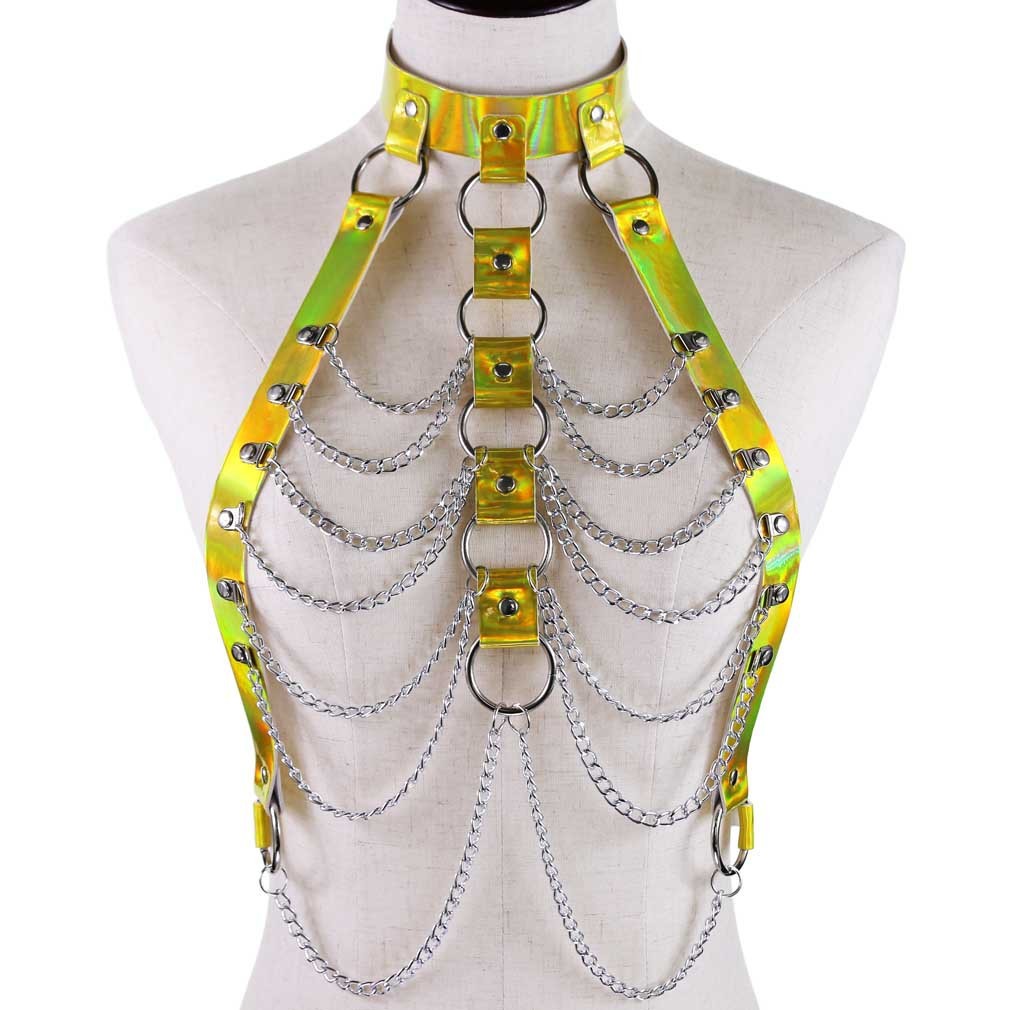 Harness i holographic med kedjor i silver, blått, guld eller rosa