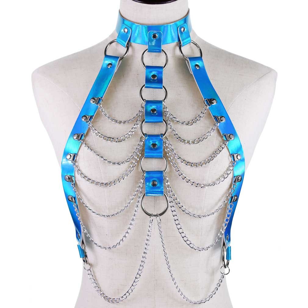Harness i holographic med kedjor i silver, blått, guld eller rosa