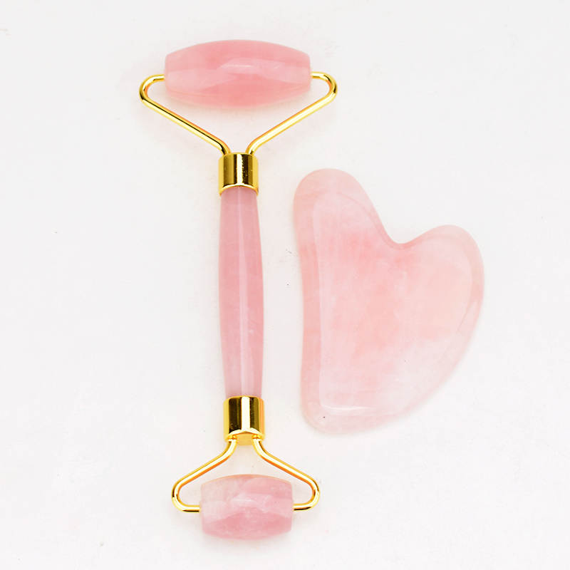 Ansiktsroller och skrapa, combi-box. Rose Quarts. Jade Gua Sha face roller och scraper