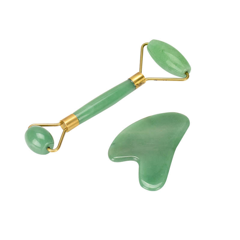 Ansiktsroller och skrapa, combi-box i Grön Aventurin. Jade face roller, Gua Sha