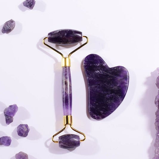 Gesichtswalzen und Schaber in Kombibox. Lila Amethyst. Amethyst.