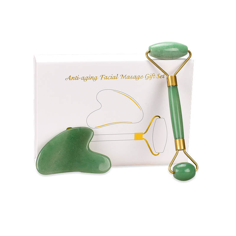 Ansiktsroller och skrapa, combi-box i Grön Aventurin. Jade face roller, Gua Sha