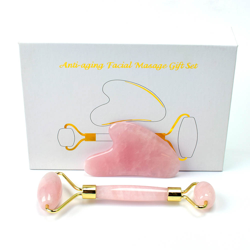 Ansiktsroller och skrapa, combi-box. Rose Quarts. Jade Gua Sha face roller och scraper