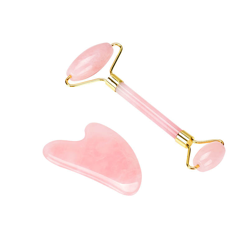 Ansiktsroller och skrapa, combi-box. Rose Quarts. Jade Gua Sha face roller och scraper