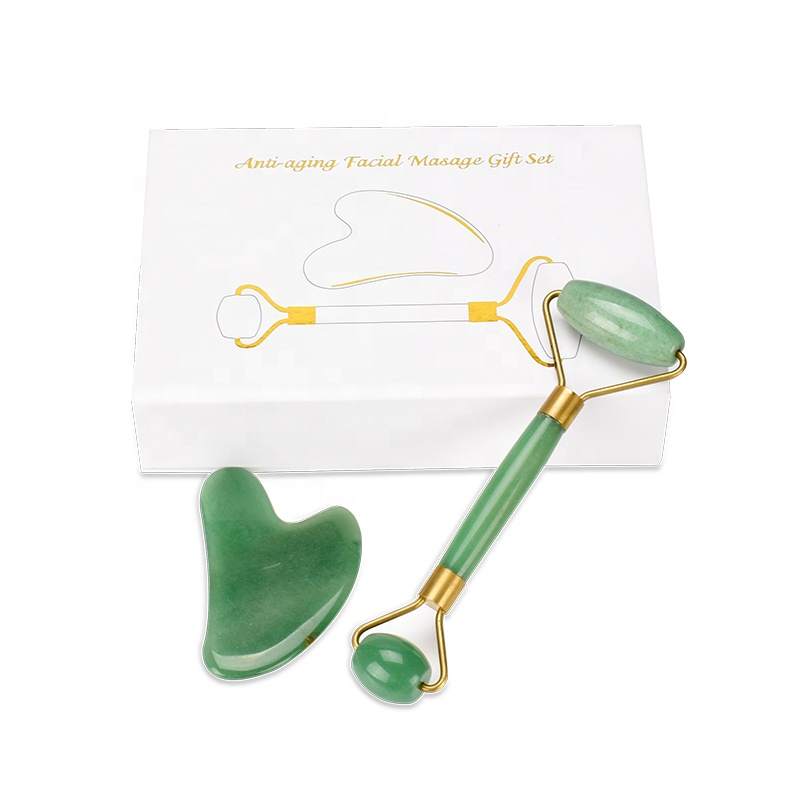 Ansiktsroller och skrapa, combi-box i Grön Aventurin. Jade face roller, Gua Sha
