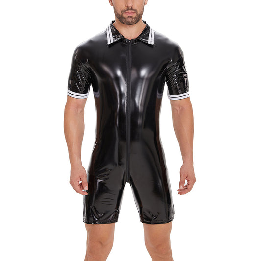 Jumpsuit in shiny rubber and white collar