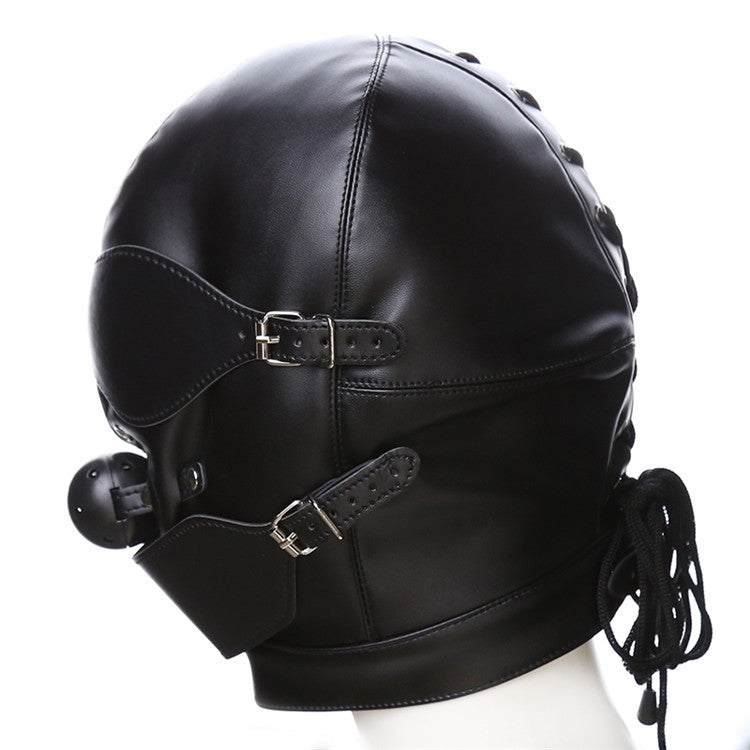 Mask, gimp mask with gag ball, blindfold and muzzle