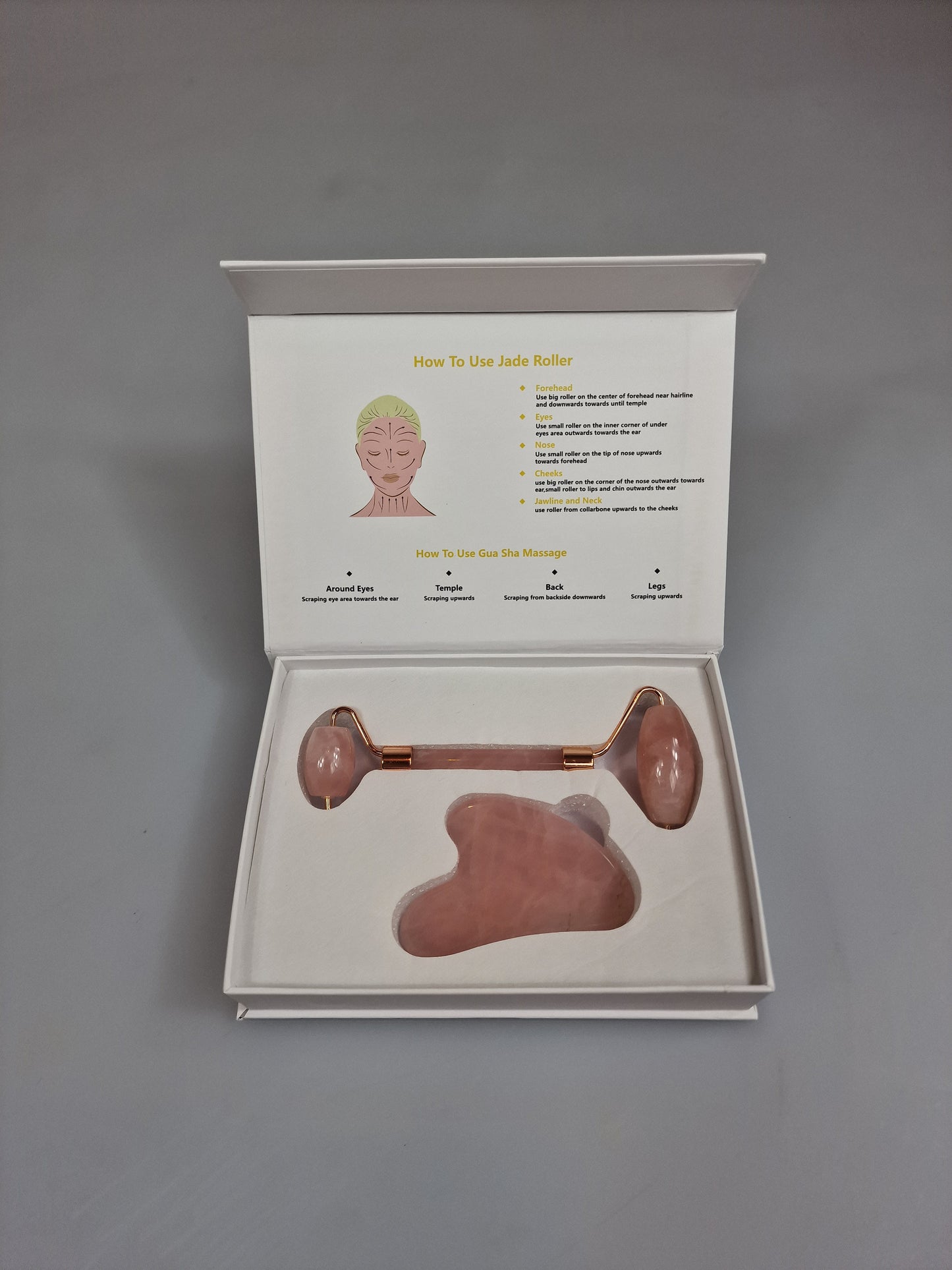 Ansiktsroller och skrapa, combi-box. Rose Quarts. Jade Gua Sha face roller och scraper