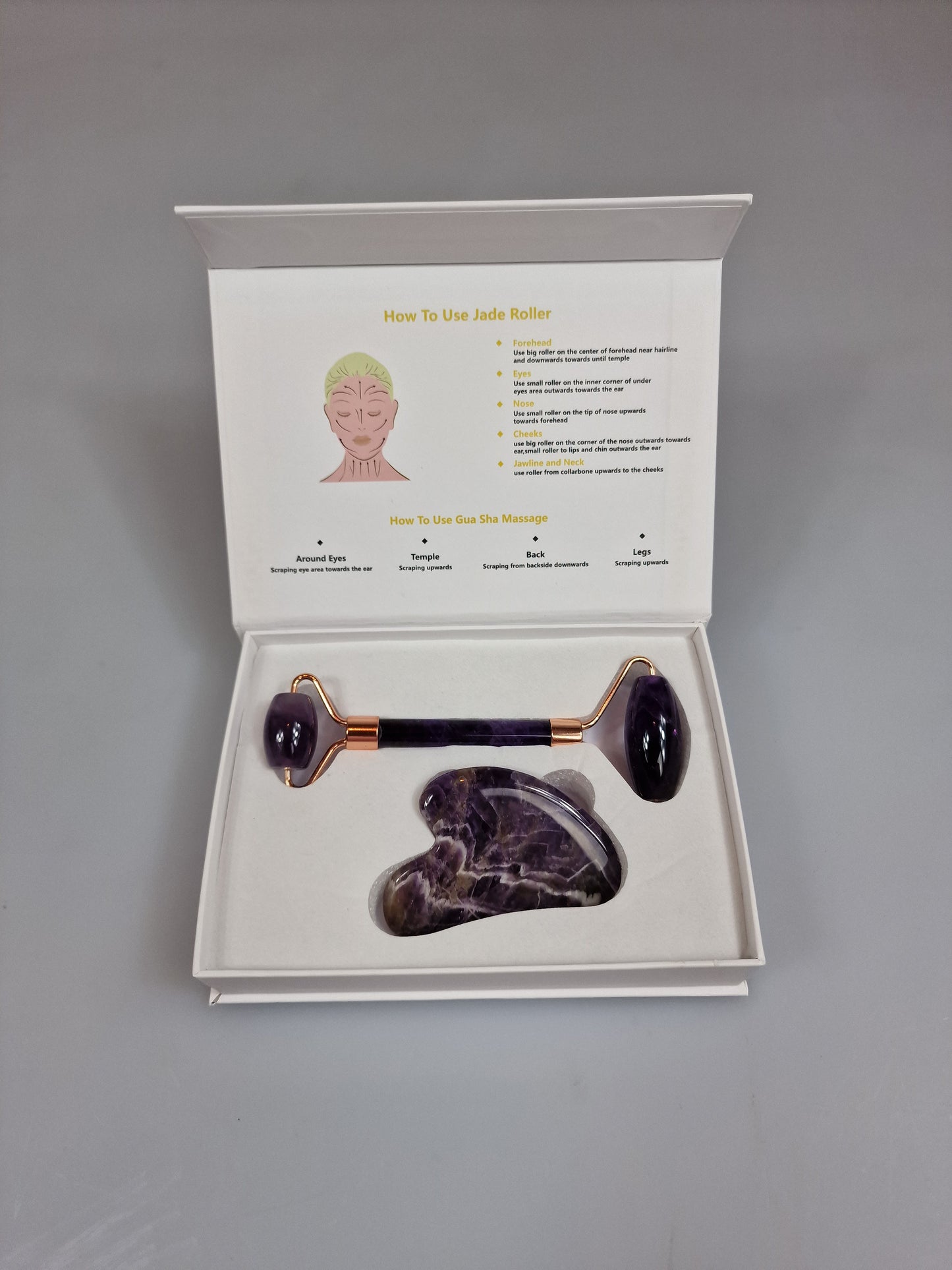 Ansiktsroller och skrapa i combi-box. Purple Amethyst. Ametist.