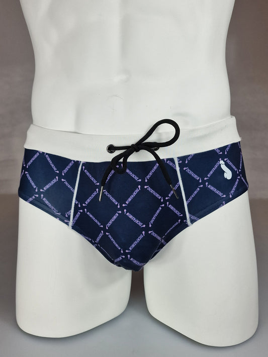 Badbyxor, swimwear eller blå vita speedos med lila detaljer med push up