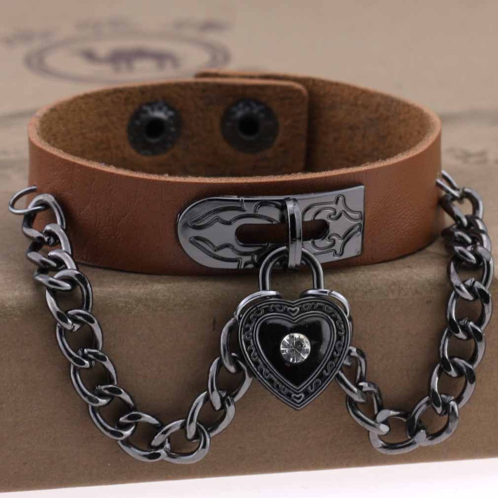 Leather armband with black chains and heart with crystal