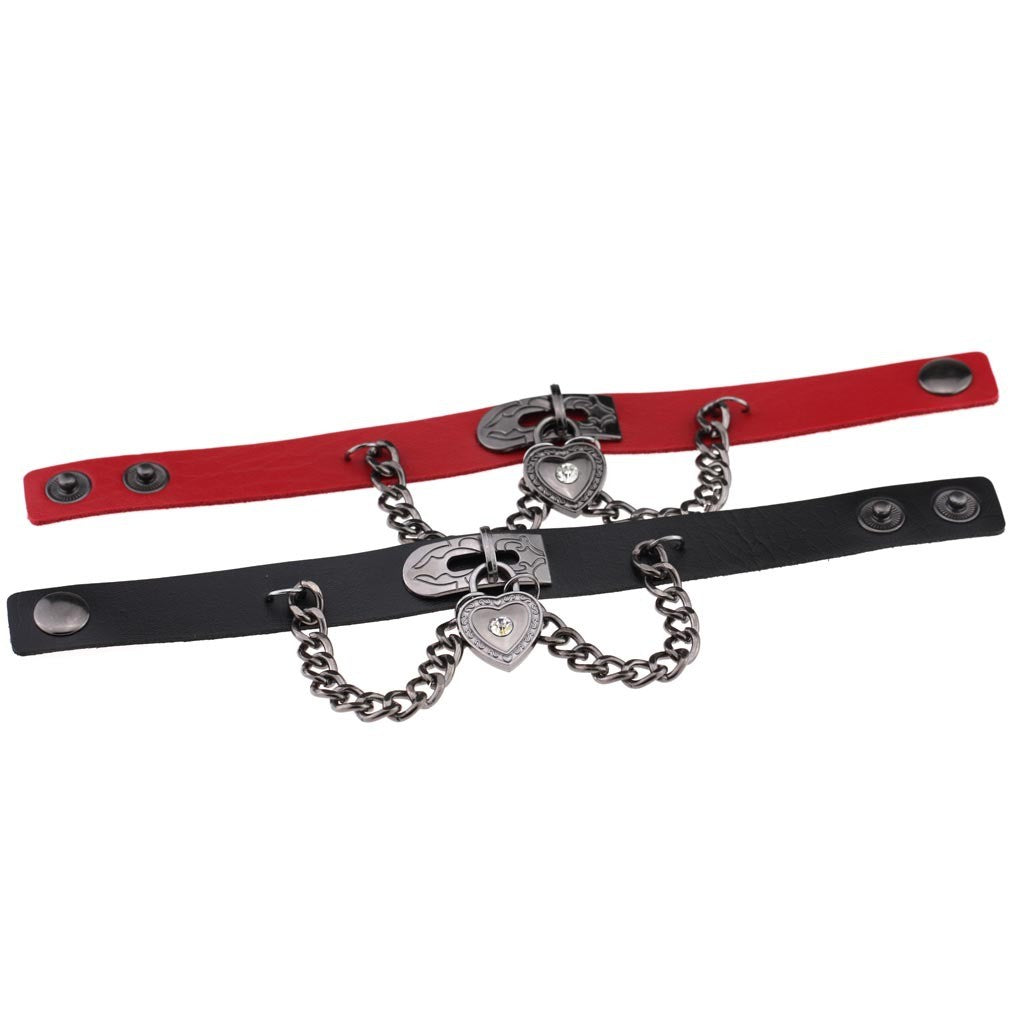 Leather armband with black chains and heart with crystal