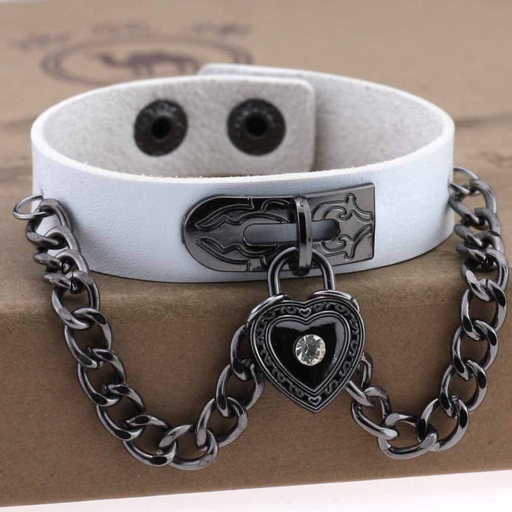 Leather armband with black chains and heart with crystal