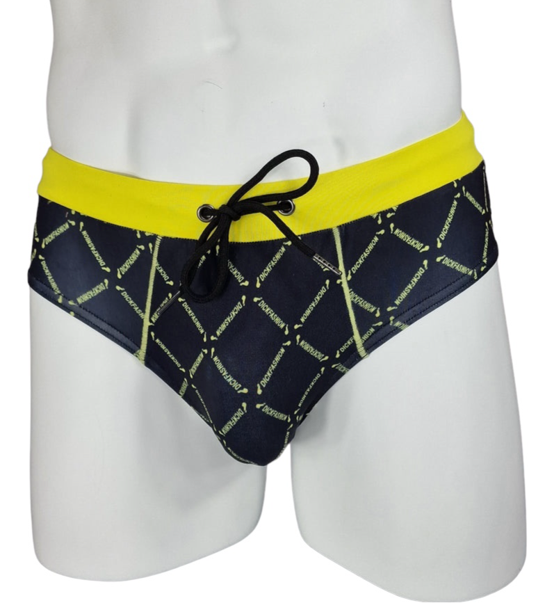 Badbyxor, sköna speedos i svart med gult mönster