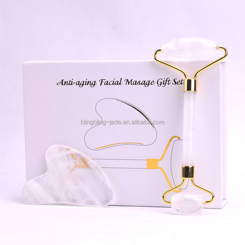 Ansiktsroller, face roller och facescraper i combi-box. Gua Sha i clear quartz eller bergkristall