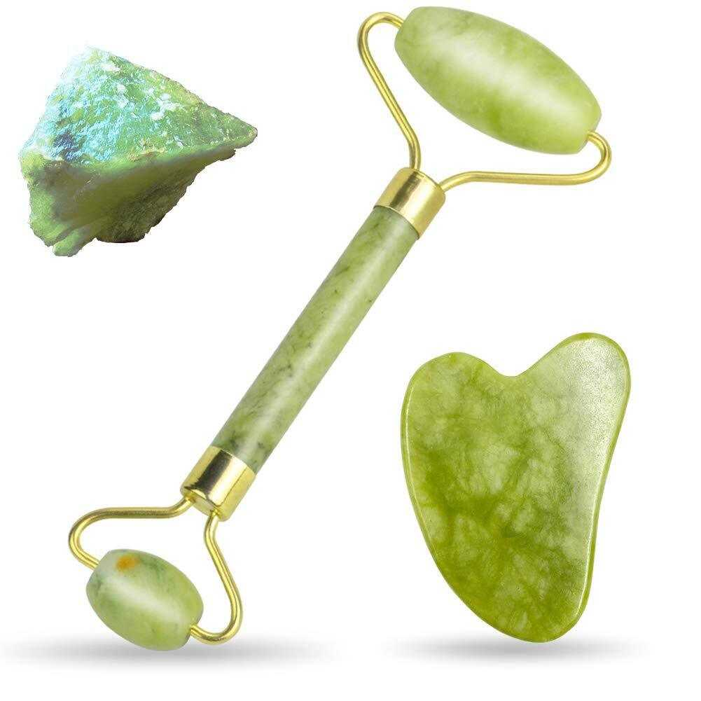 Rodillos faciales y raspador, caja combinada. Jade mashan verde.