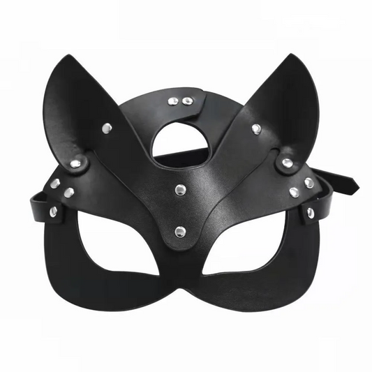 Maske, Gesichtsmaske aus schwarzem Leder in Form einer Katze oder Maus mit Geschirr