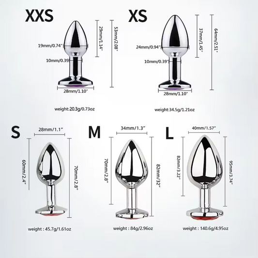 Butt plug in nickel-free silver-colored steel with a round crystal in pink, purple, blue, and transparent color