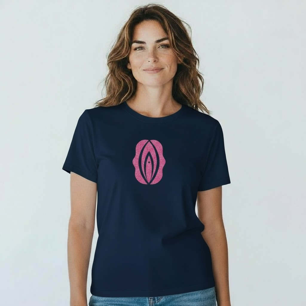 T-shirt, Mörkblå med rosa glittrig puss