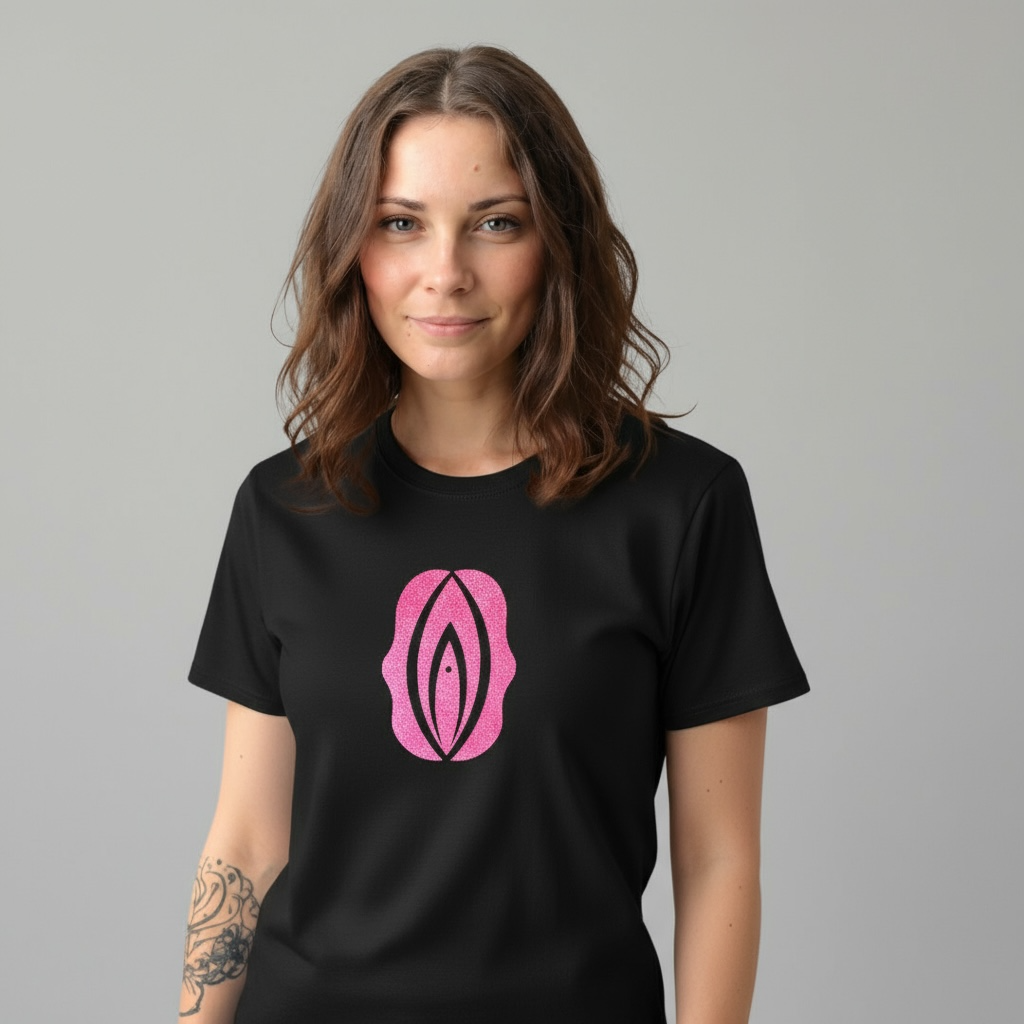 T-shirt, svart med rosa glittrig puss