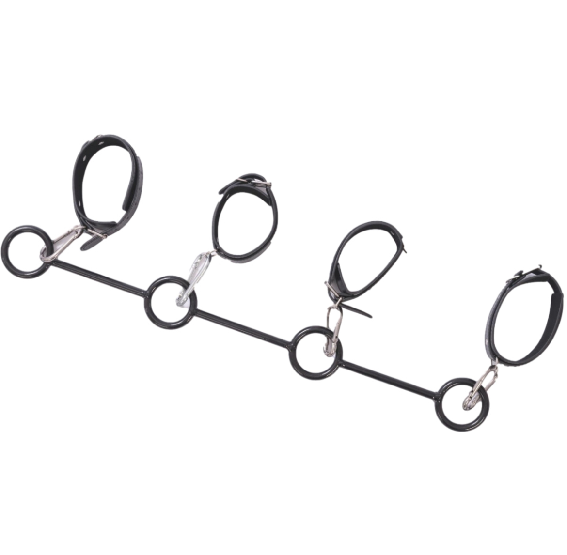 Spreaders, wrist cuffs and ankle cuffs in vegan leather attached to a leather covered metal rod with brass fasteners. An exciting sex aid and fetish sex toy.