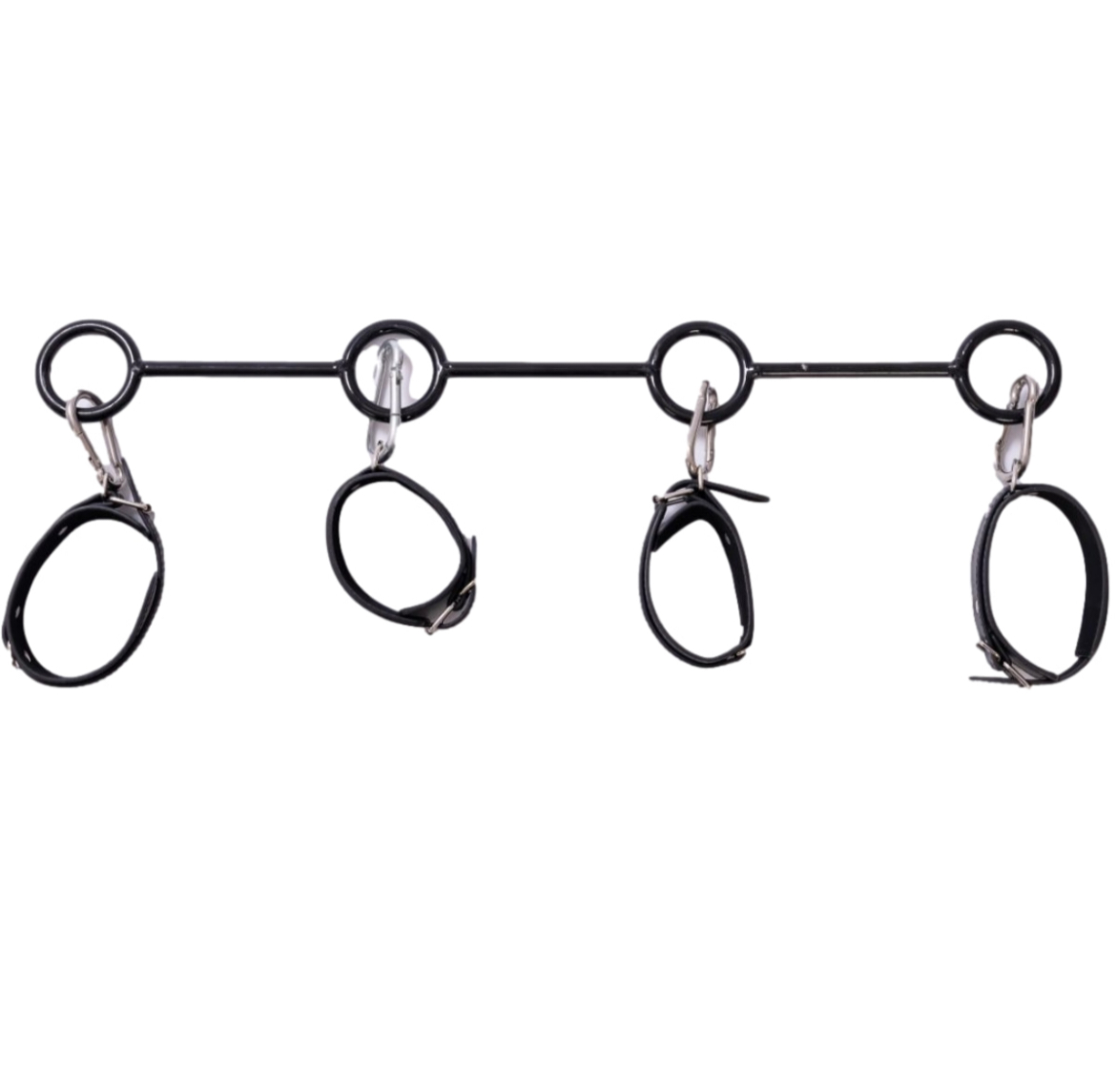 Spreaders, wrist cuffs and ankle cuffs in vegan leather attached to a leather covered metal rod with brass fasteners. An exciting sex aid and fetish sex toy.