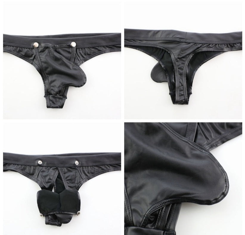 Tangas, tangas o bañadores de goma negros brillantes y sexys.