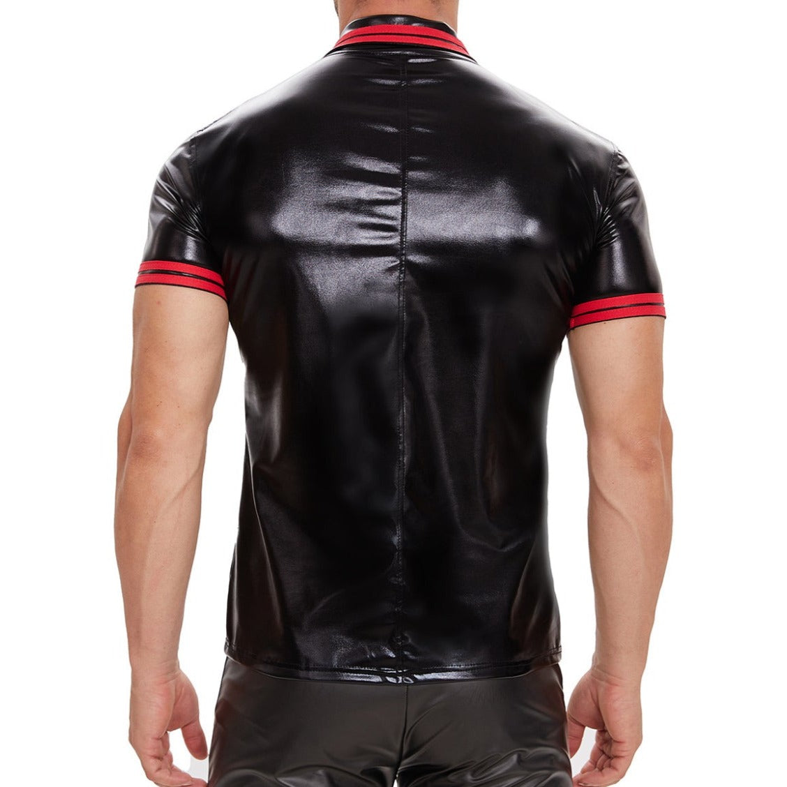 Rubber pique, sexy and comfortable black shirt with red collar in synthetic rubber