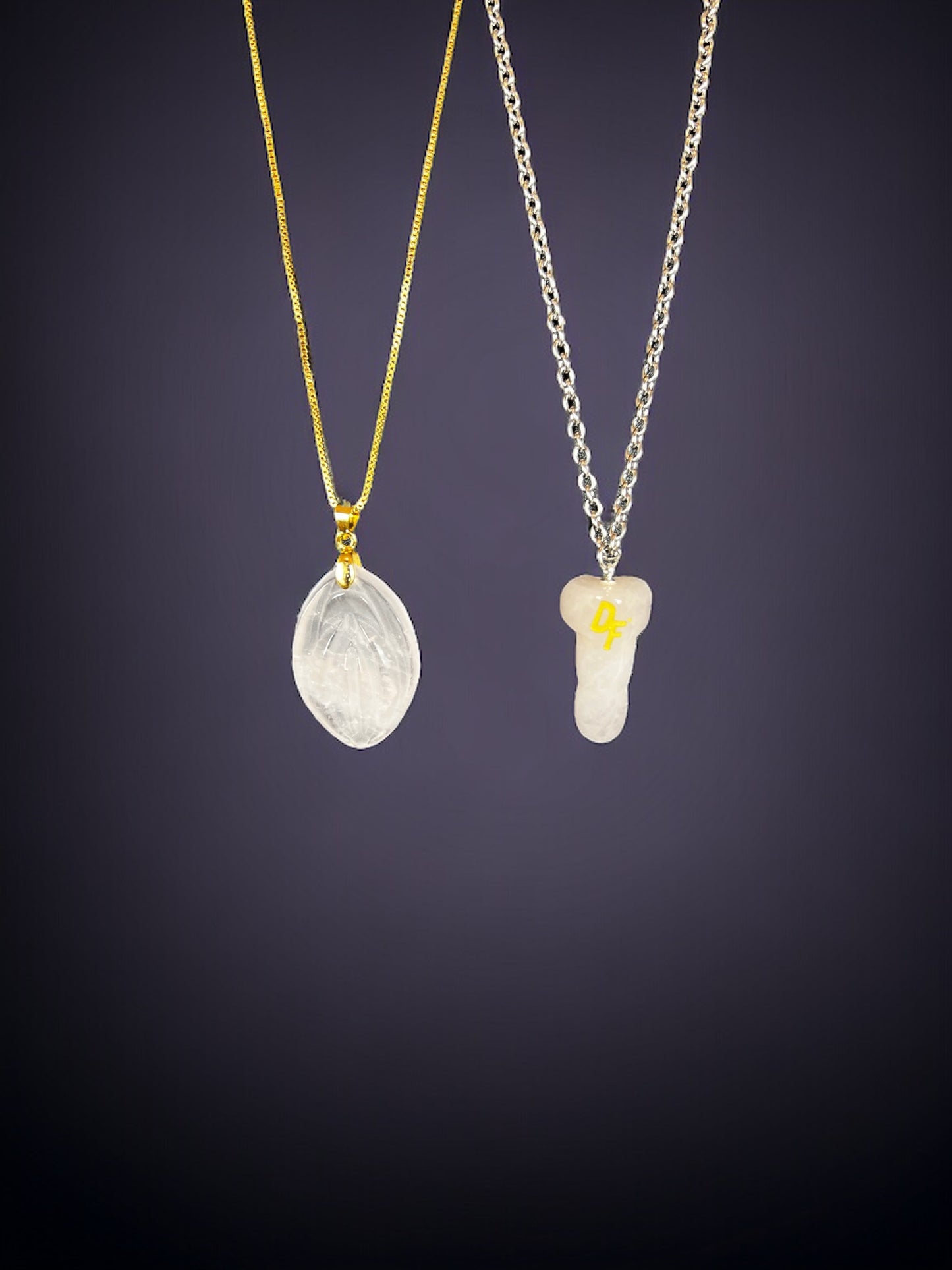 2 different necklaces with crystals, a crystal dick and a crystal fifi. A combination offer.
