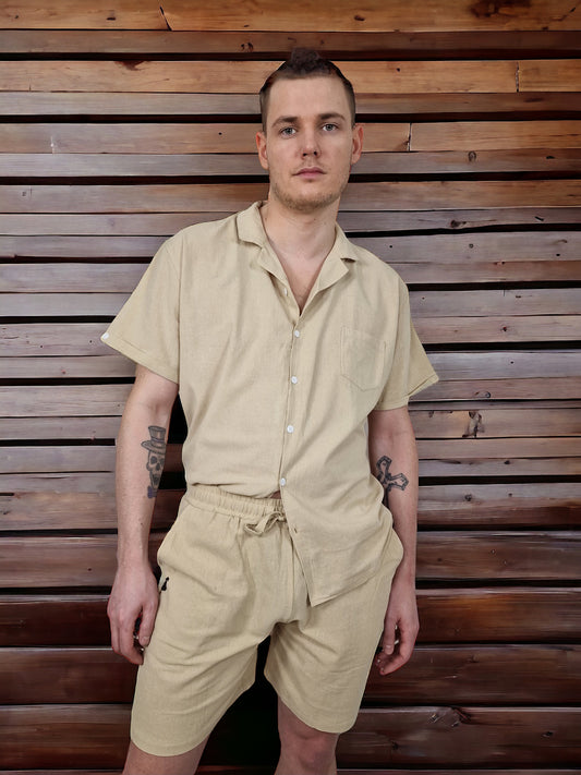 Linne och bomulls set i relaxed fit, i färgen beige med dick