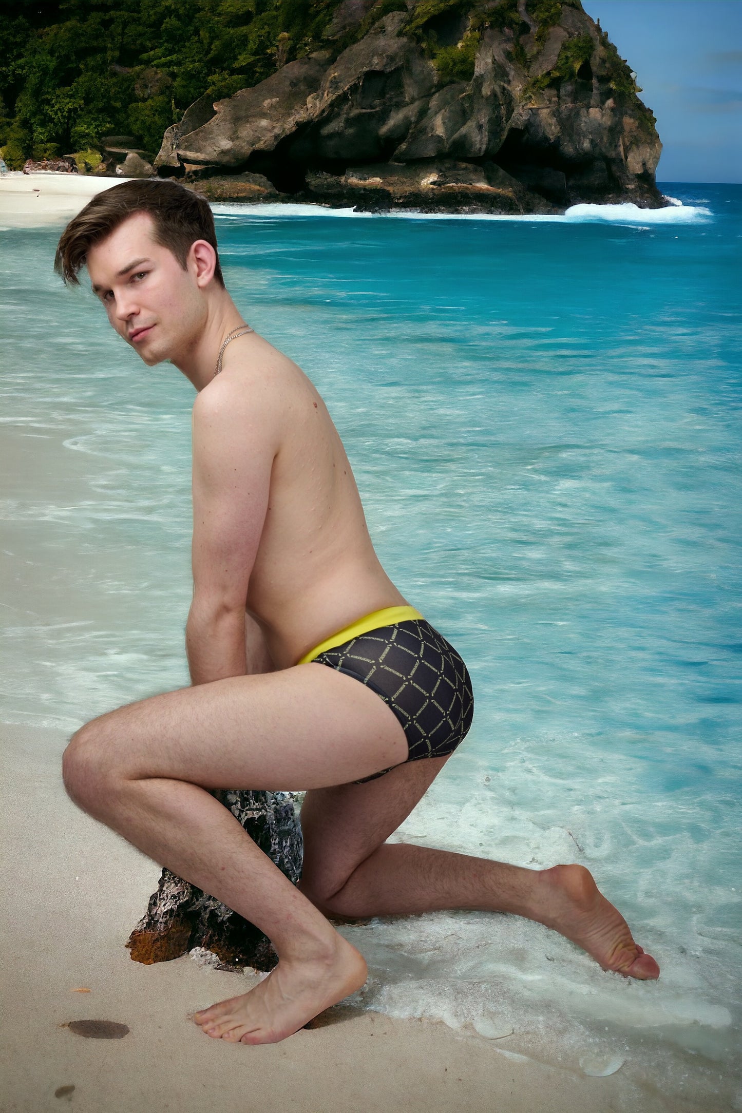 Badbyxor, sköna speedos i svart med gult mönster
