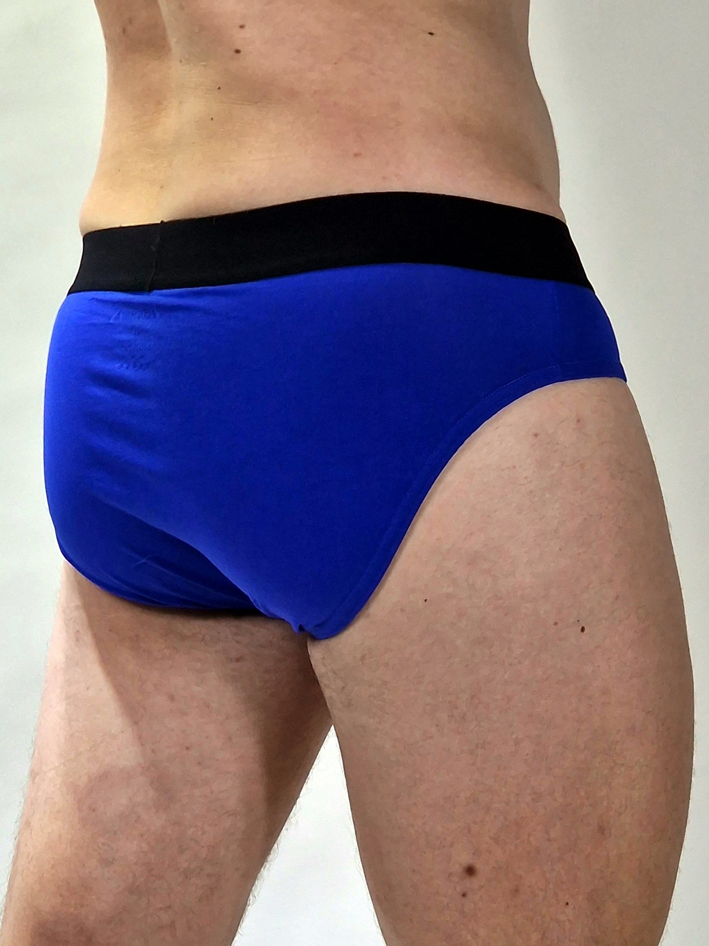 Blue underpants, briefs in azure and magenta
