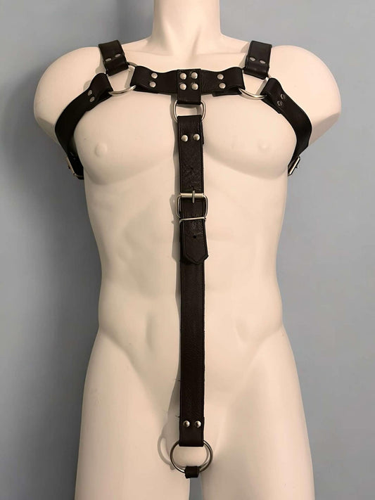 Harness, bulldog with strap around the crotch in genuine leather