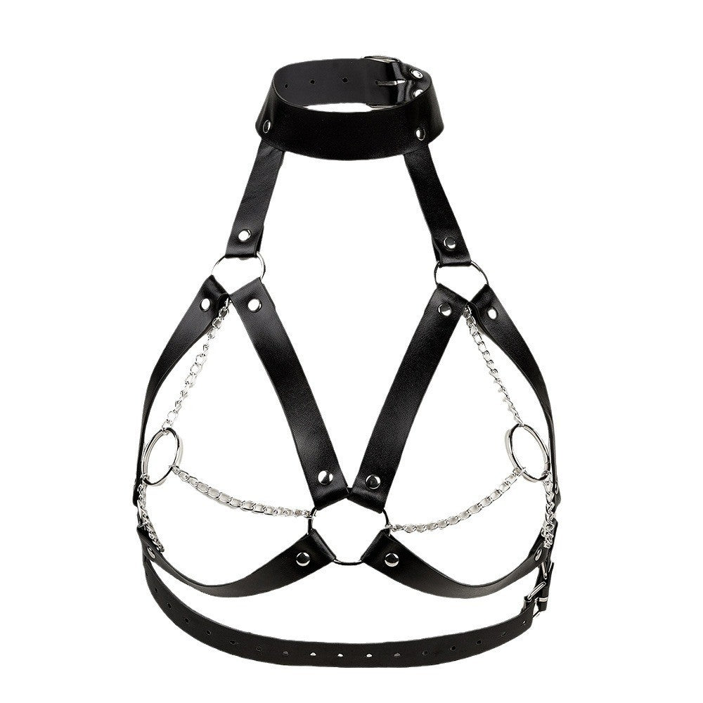 Harness in black PU leather with choker and straps around the breasts and chains
