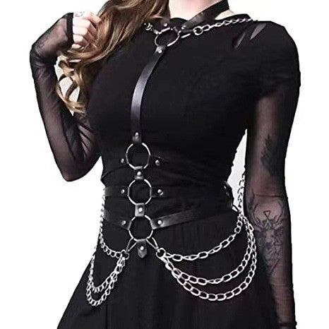 Body and waist harness with choker, rings and chains