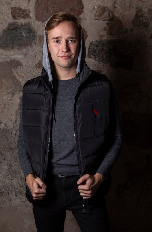Down vest, black with removable hood