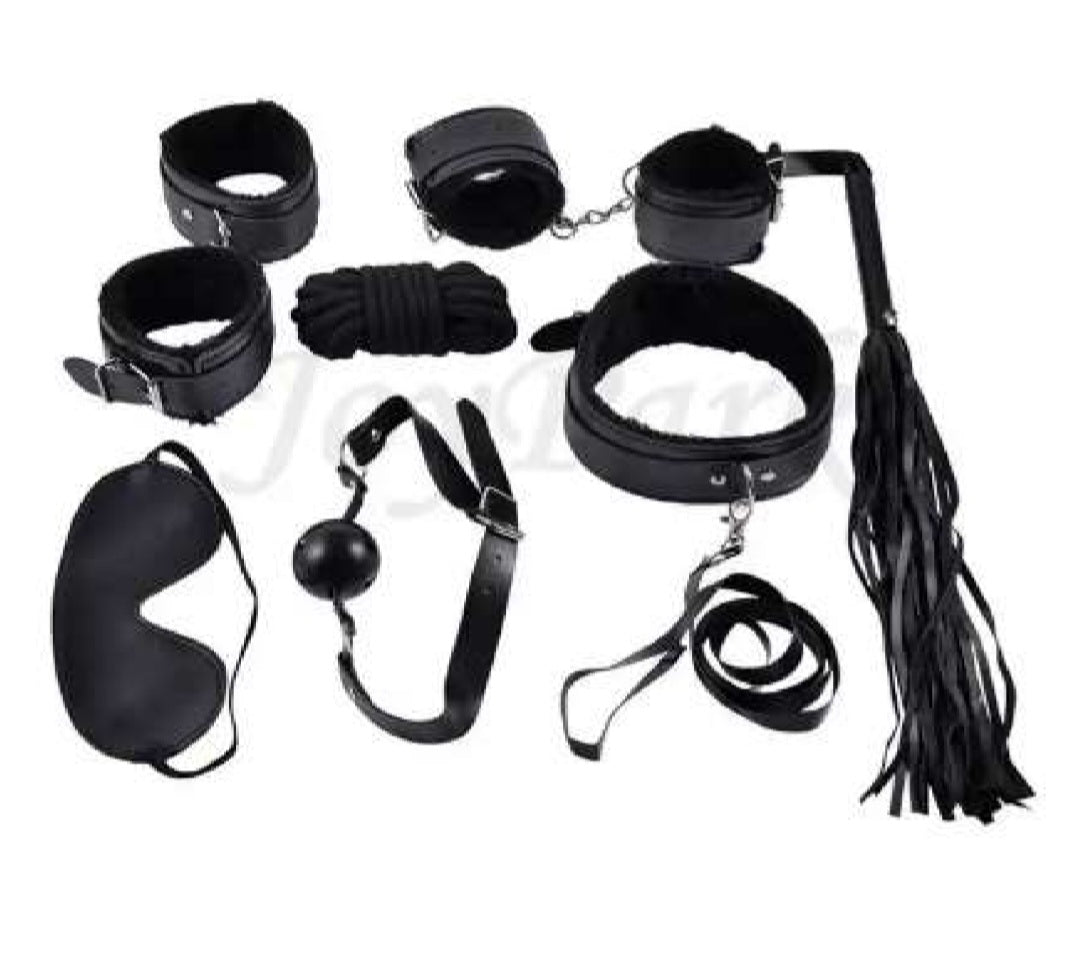 Bondage set, a set for bdsm including bondage rope, flogger, eye mask, choker, hand and ankle cuffs