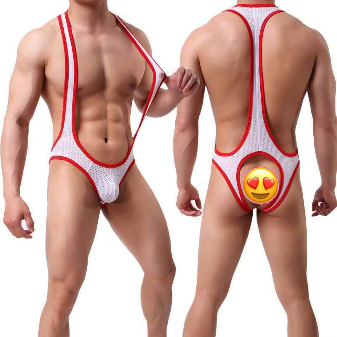 Singlet eller brottardräkter med bar rumpa. Finns i många färger.