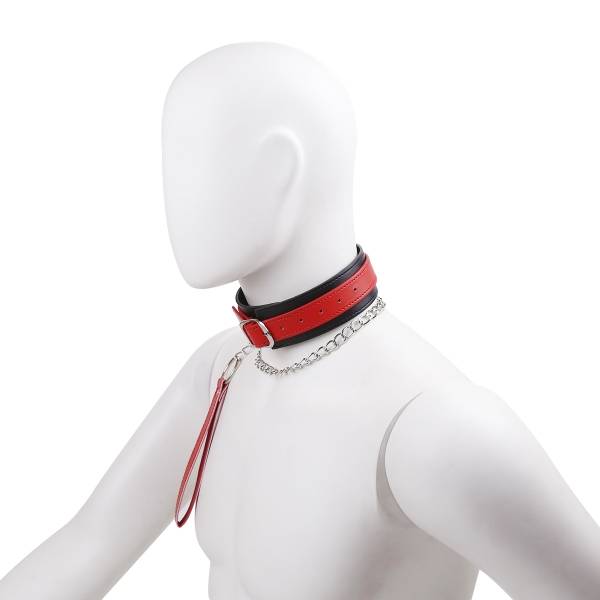 Leash, collar in red vegan leather