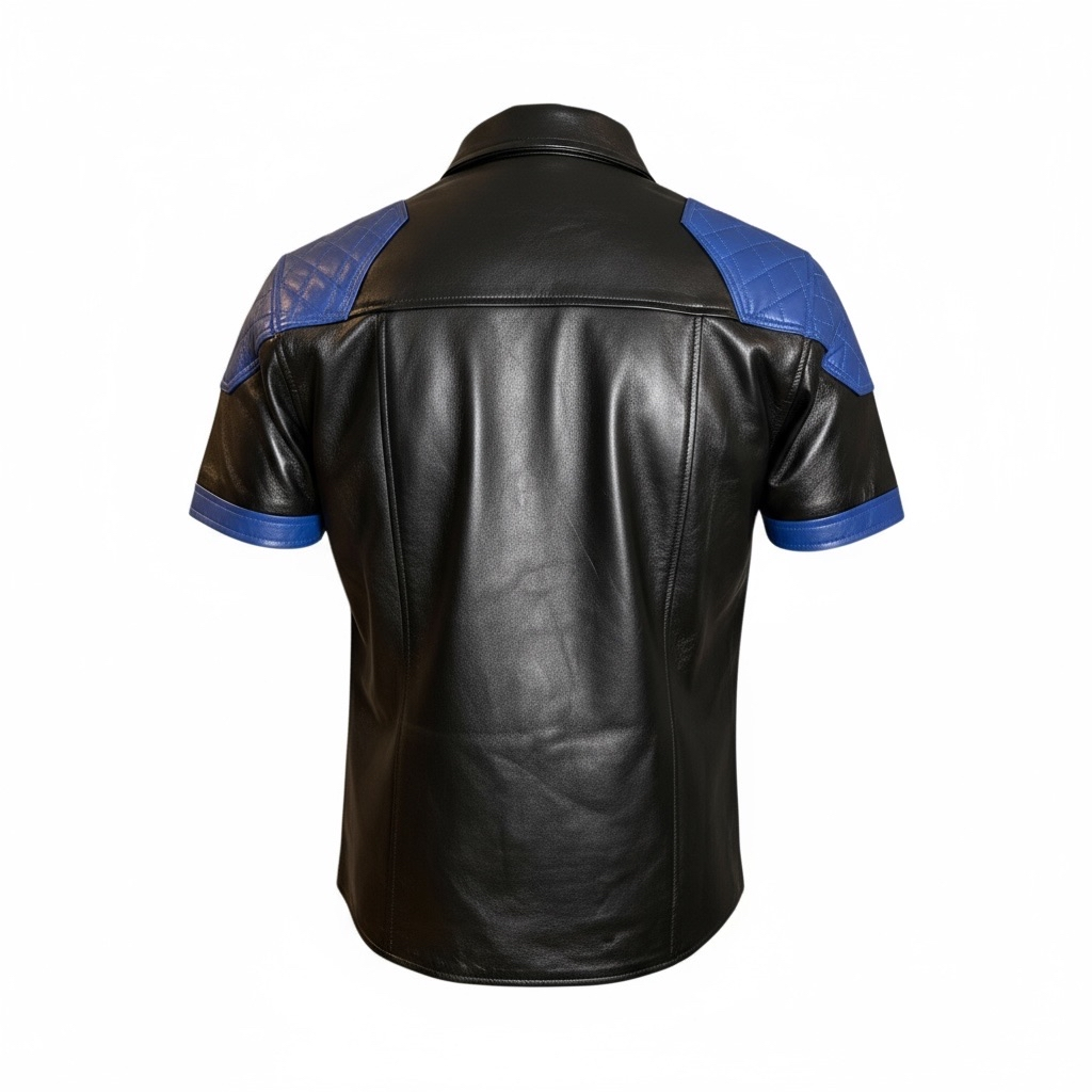 Läderskjorta, skinnskjorta, quiltade axlar, svart med blå detaljer