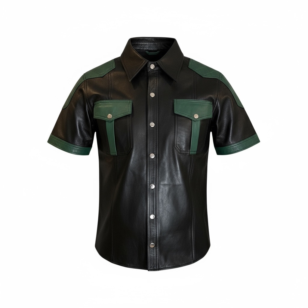 Läderskjorta, skinnskjorta, quiltade axlar, svart med gröna detaljer