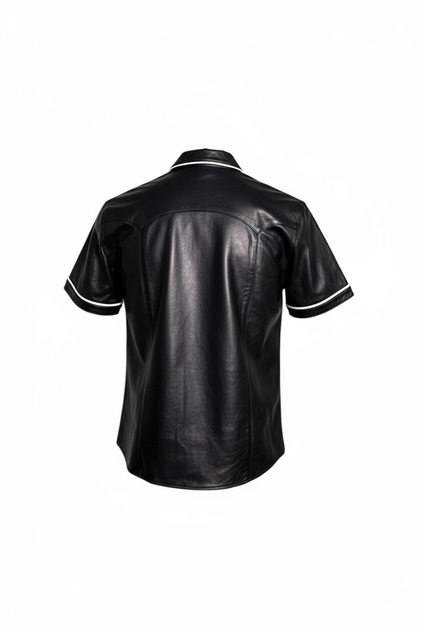 Läderskjorta, skinnskjorta, svart med vita detaljer